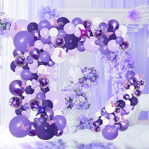 Miniatura 3 de PERPAOL Kit de 150 guirnaldas de globos morados con calcomanías de mariposa, globos de aluminio de color blanco macarrón metálico púrpura confeti