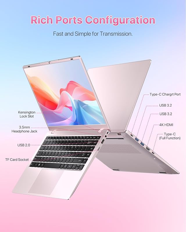 RNRUO 2026 Pink Laptop, Pentium Gold 6500Y Processor(Up to 3.4 GHz),12GB RAM 128GB SSD,15.6 Inch FHD IPS Display, 5000mAh Battery,Type-C,Portable Laptops Computer for Business Office image 4