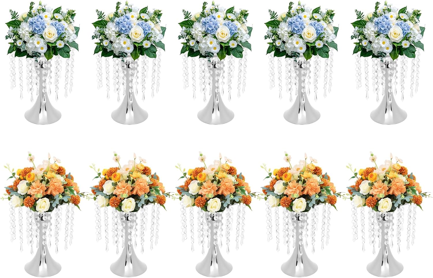 TFCFL 10PCS Elegant Flower Stands with Crystal Accents, Crystal flower Stand, Wedding Centerpiece Vase on Floor for Gardens, Balconies, Entryways, Wedding Venues (Silver, 10.23in) Silver 10.23in