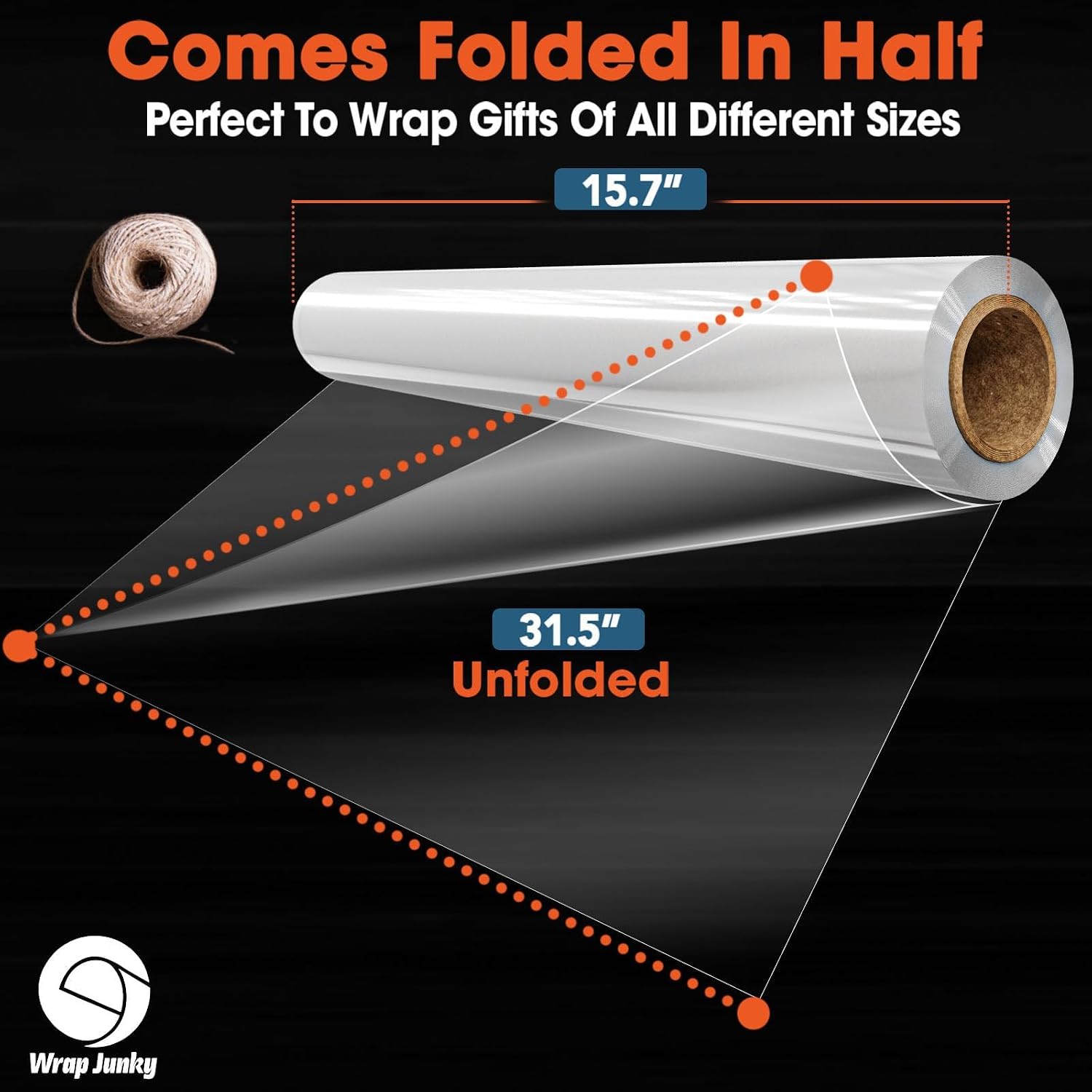 Wrap Junky Premium 3mm Thick Clear Cellophane Wrap Roll | 31.5" x 200ft (Unfolded) Folded to 15.7" | Cellophane Wrap for Gift Baskets | Clear Wrapping Paper for Food, Flower & Craft