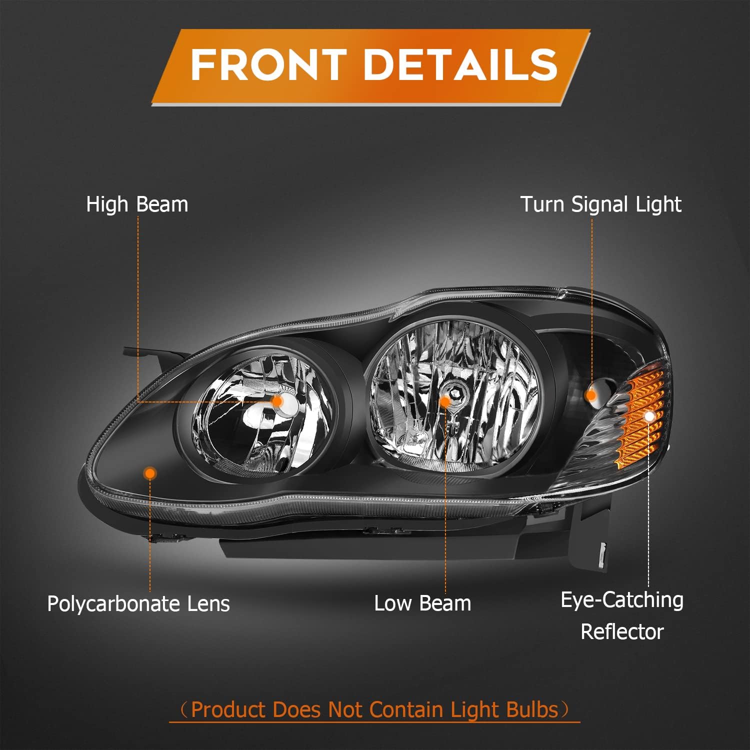 Headlight Assembly for Toyota for Corolla 2003-2008 Black Housing Amber Reflector Clear Lens Driver and Passenger Side Headlamp