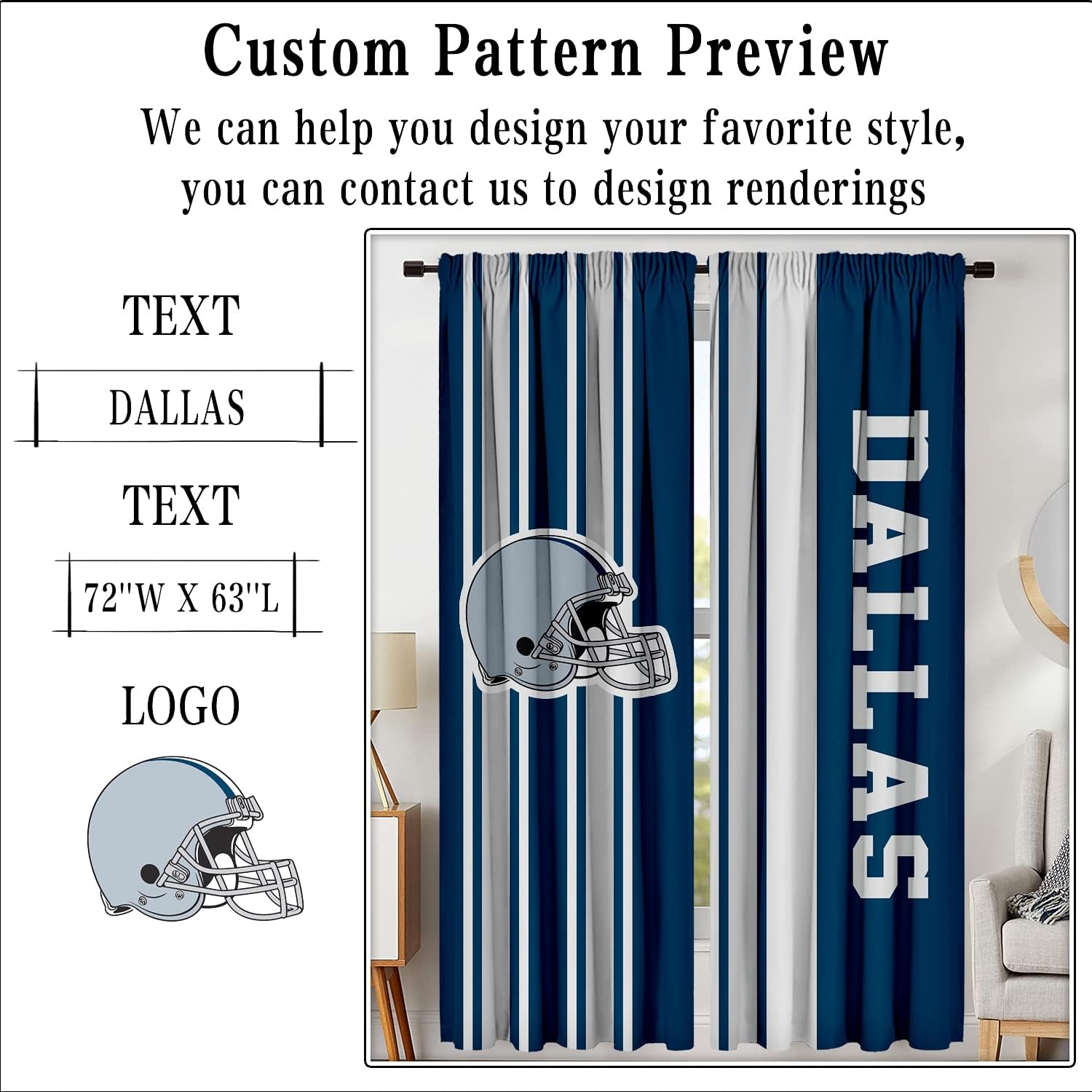 Dallas Blackout Curtain Panels, Customizable Size, Text, Logo, Rod Pocket Window Treatment Curtains Drapes 2 Panels for Bedroom Livingroom, City and Football Team Design