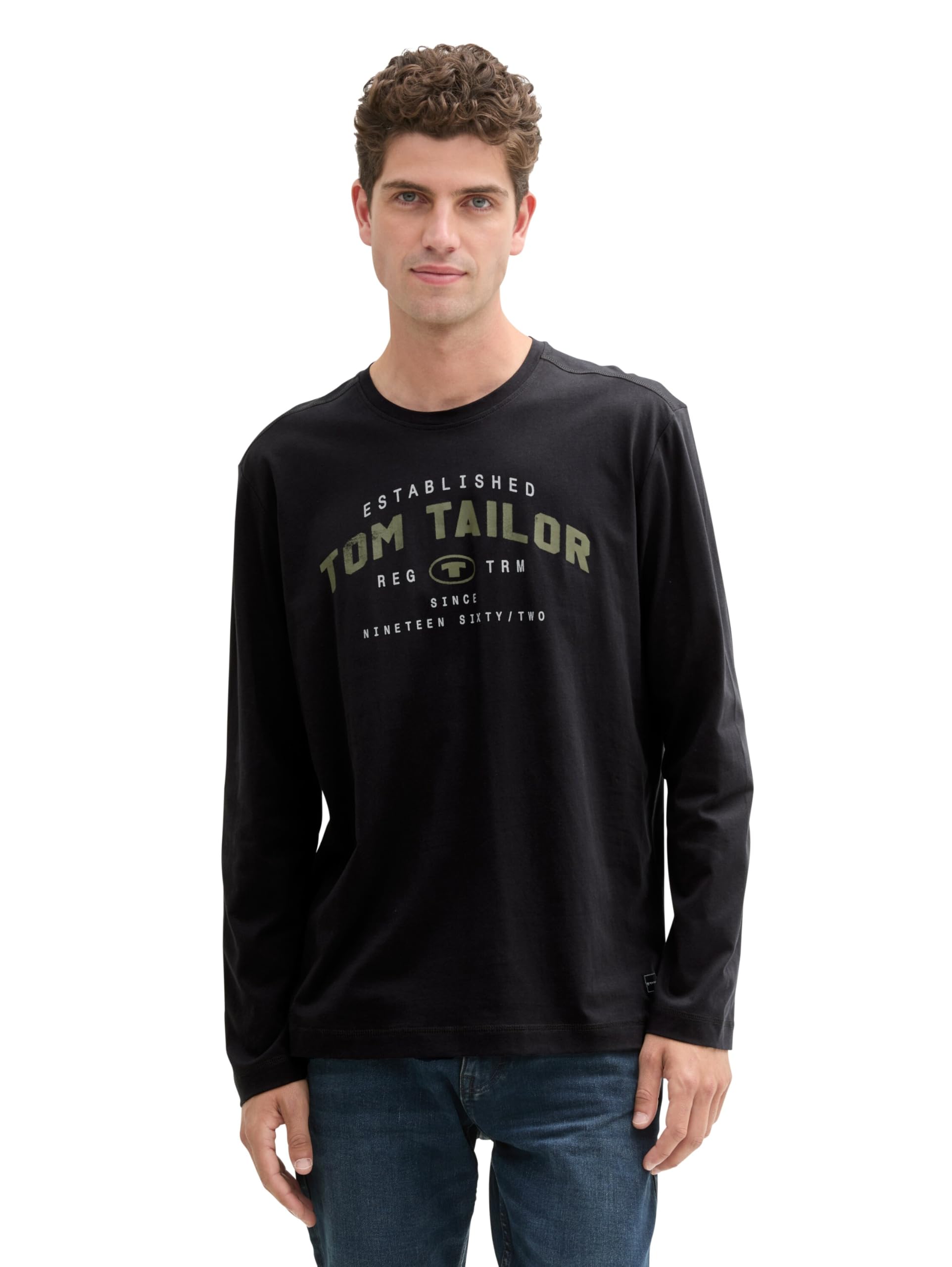 TOM TAILOR Herren Basic Langarmshirt mit Schrift-Print