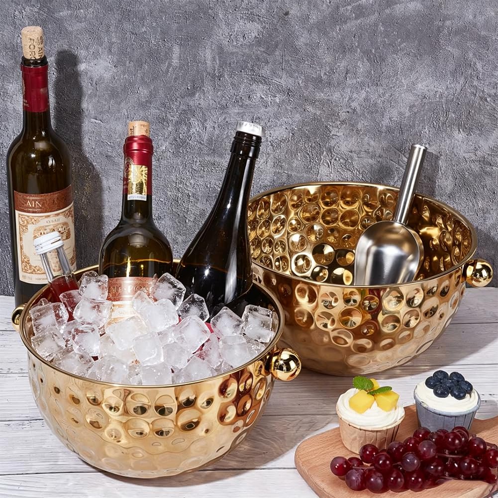 ORIGACH Juego de cubos de hielo de champán, de acero inoxidable martillado, 2 unidades, incluye pala de hielo, cuencos grandes dorados de 6/7 litros, para vino, cerveza y otras bebidas, con asas