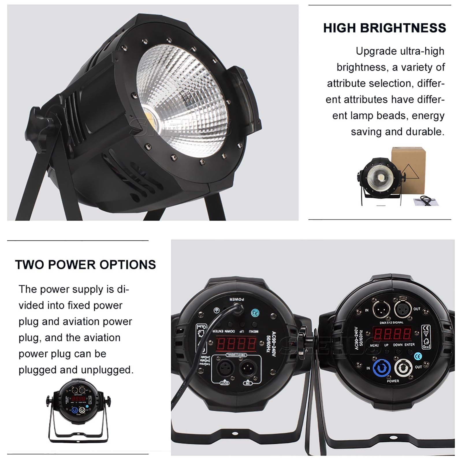 COB - Par de luces de escenario, foco profesional DMX de 200 W, luz estroboscópica DMX para iglesia, concierto, boda, teatro, brillo blanco cálido y frío