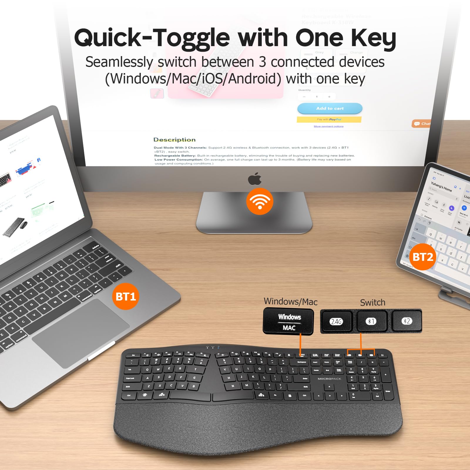 MicroPack Tastiera Ergonomica Wireless con Bluetooth, USB-C Ricaricabile e Protezione da Sovraccarico, Poggiapolsi, Connettività a 3 dispositivi, Interruttore a Forbice Silenzioso, Inclinazione