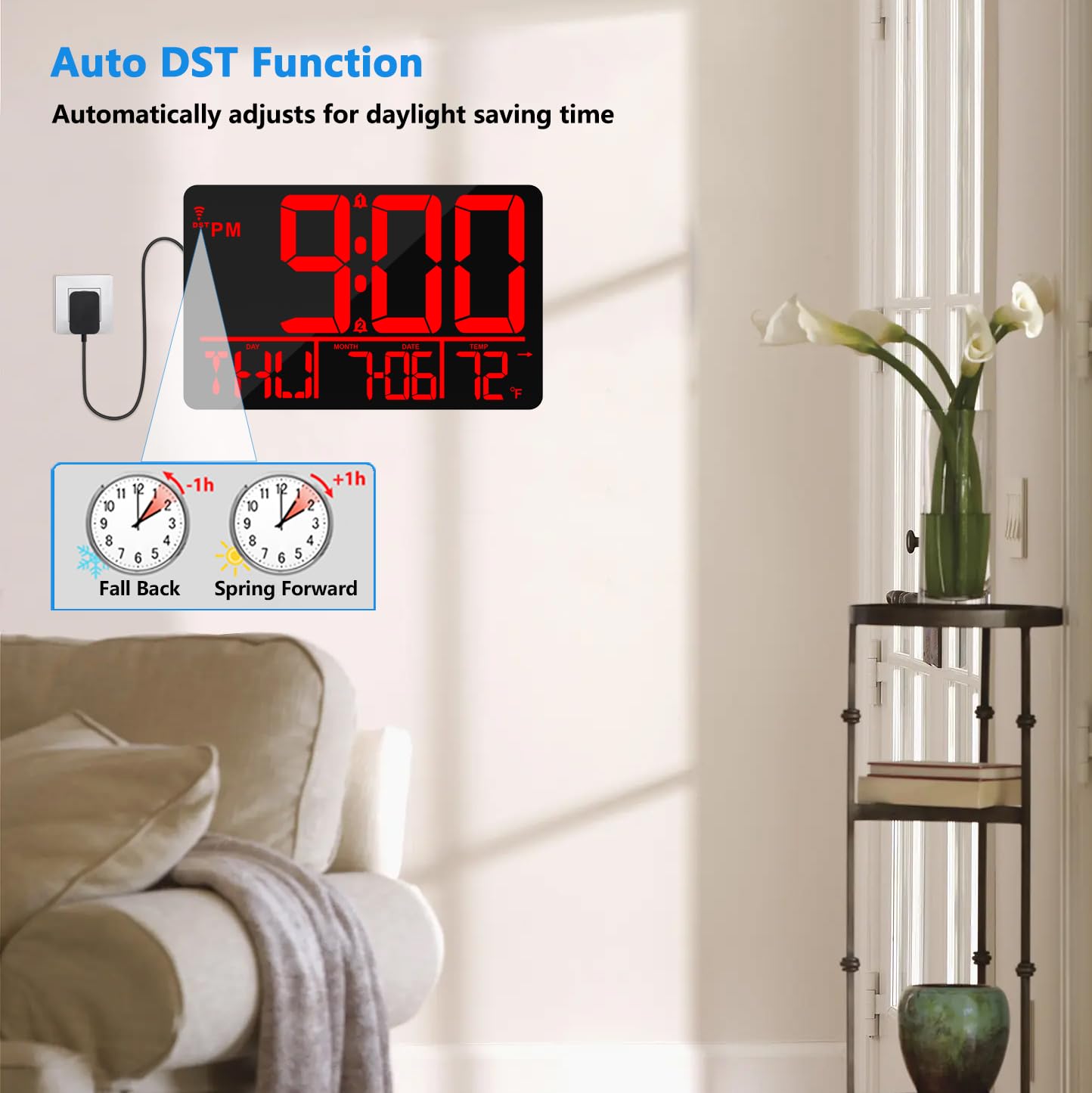 Grande horloge murale numérique LED de 33 cm avec télécommande, synchronisation Bluetooth, 25 sonneries, température, date et jour de la semaine, double alarme, luminosité automatique, DST