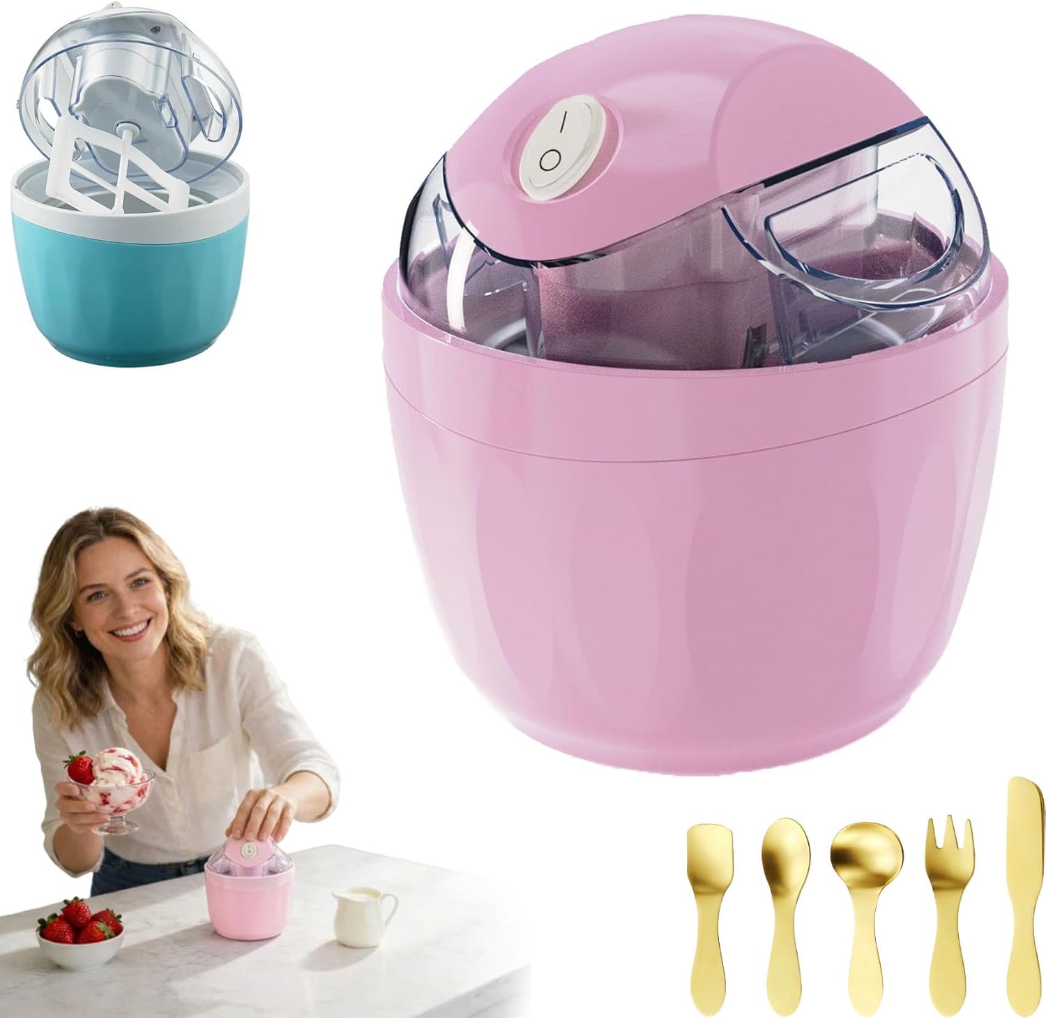 Small Home Mini Ice Cream Maker - 17oz Electric Gelato & Sorbet Machine for Homemade Frozen Yogurt, Quick 15-Minute Personal Ice Cream Maker with One-Touch Control for Family (Pink)