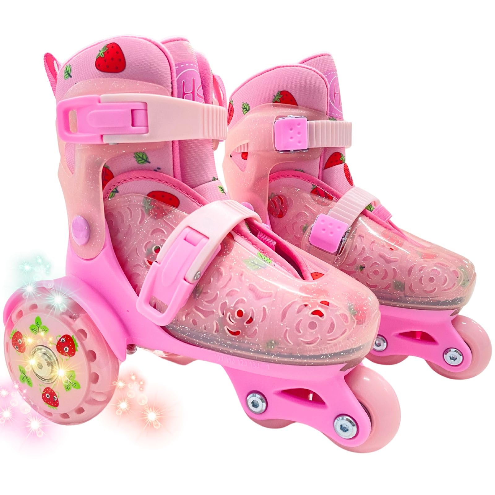 Adjustable Roller Skates for Girls Boys Kids, Fun Illuminating Light up Flash Wheels, 3-Point Type Balance with Wheel Locker Design for Beginner Age 5-8 (Pink, S)
