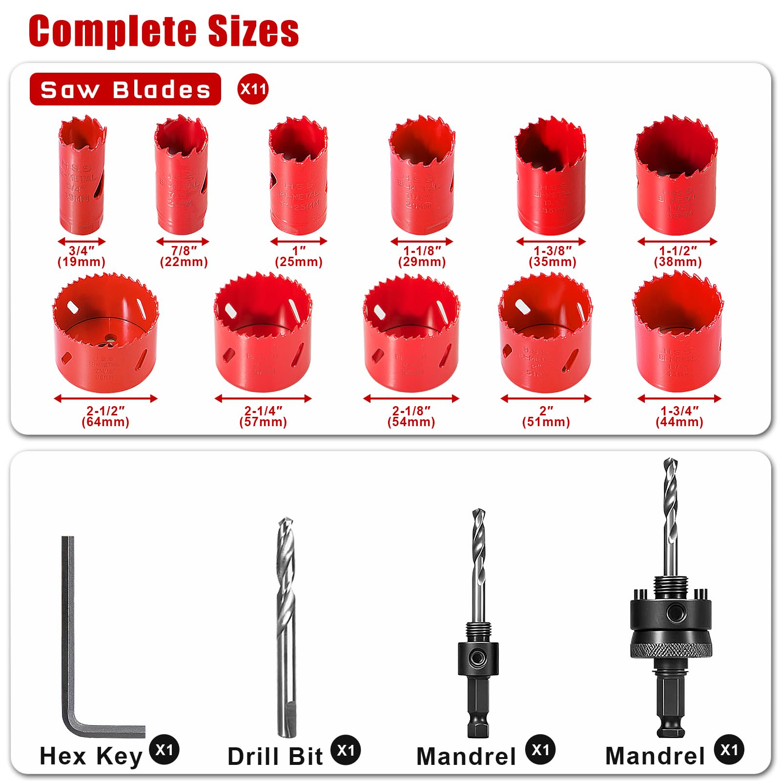 HYCHIKA - Kit per sega a tazza bimetallica, 17 pezzi, in acciaio ad alta velocità, da 3/4" a 2-1/2", in custodia con mandrini, punta per sega a tazza, sega a tazza per metallo sottile, legno duro,