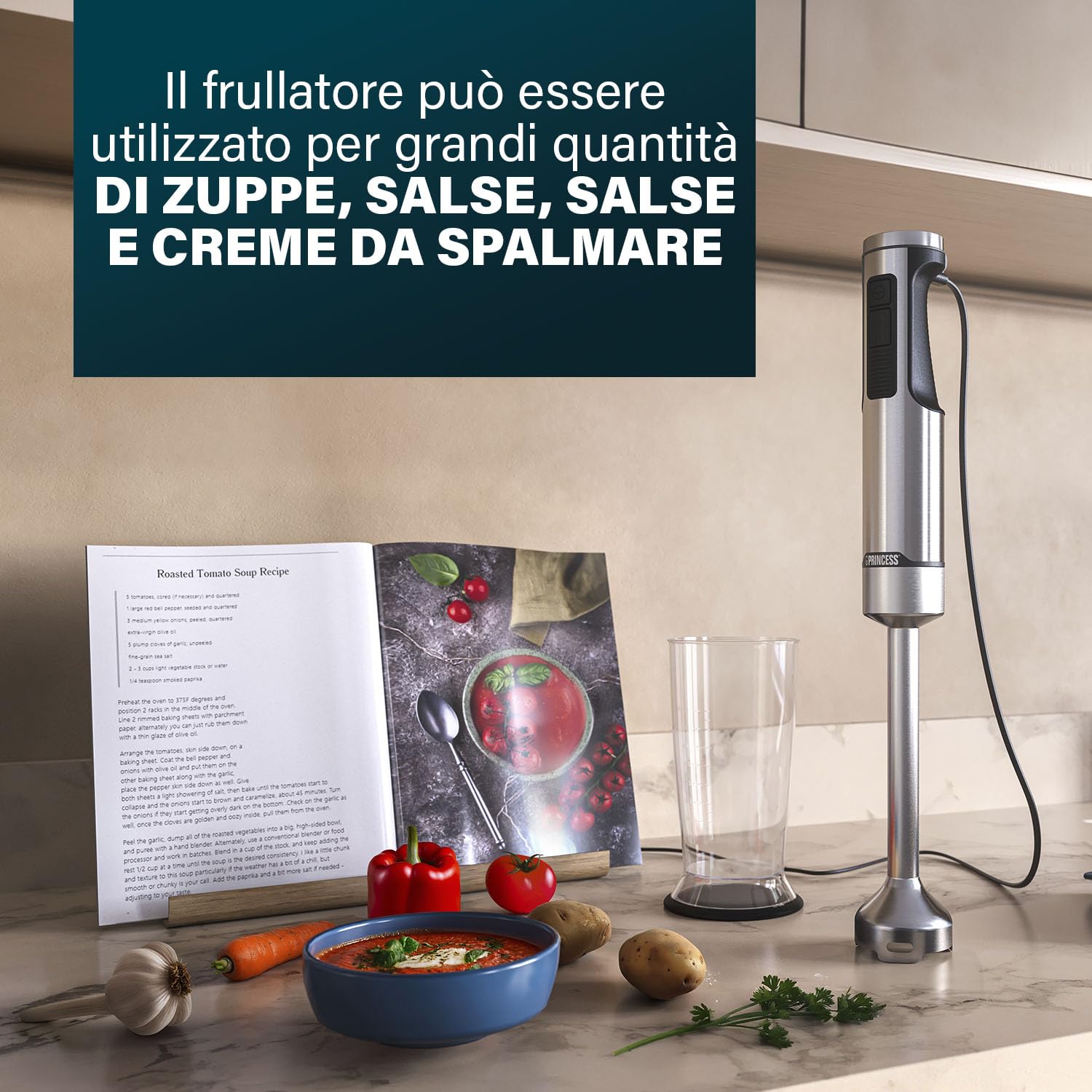 Princess Frullatore a Immersione in Acciaio Inox Prof XXL, 1500W, Asta Extra Lunga 50 cm, 5 Velocità + Turbo, 4 Lame, Bicchiere con Coperchio, Parti Lavabili, 221233