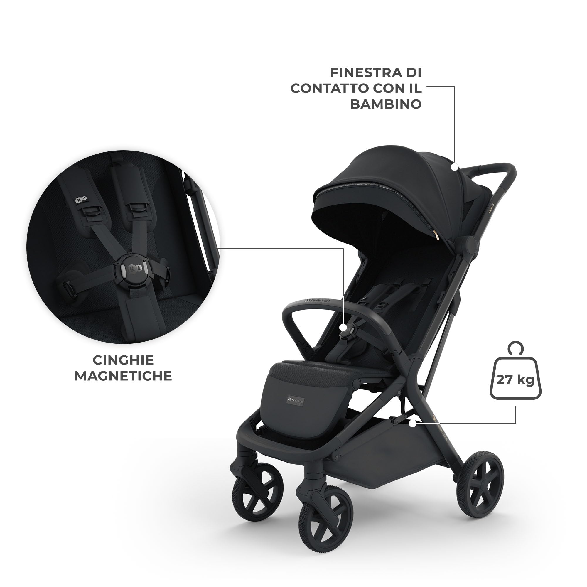 Kinderkraft NUBI 3 Passeggino Urbano 22 kg Buggy UPF50+ Leggero 8.7kg Nero