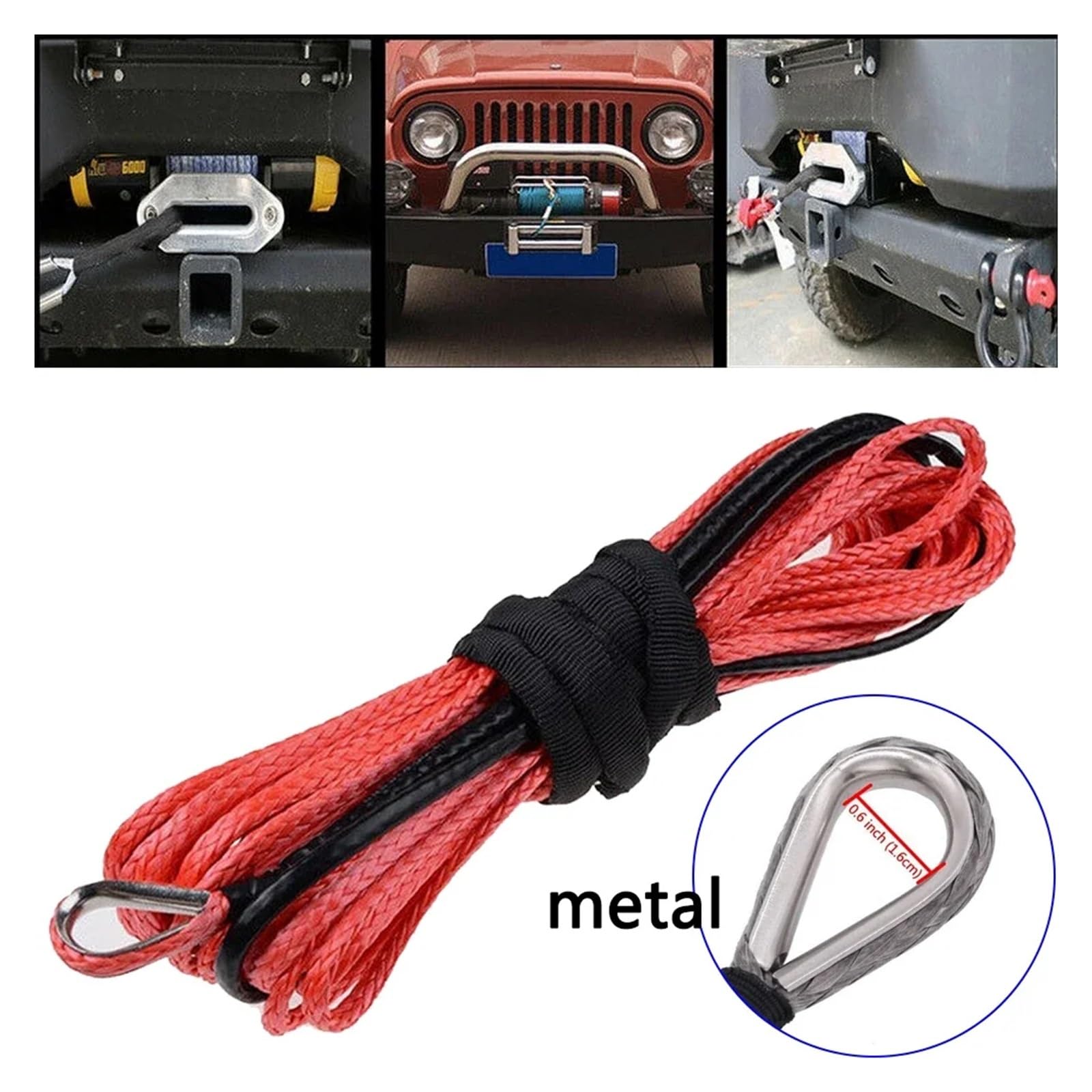 15m Kabel Wciągarki Kevlarowy Holowanie Samochodu Pasek Holowniczy Lina Przyczepy Z Hakiem Do ATV Akcesoria Terenowe 7700lbs 3.5T Solidna I Niezawodna(Red)