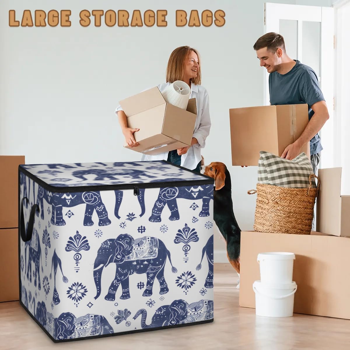 Honeybaby 214L Extra Large Comforter Storage Bag Elephant Paisey Storage Totes with Lids Waterproof Closet Organizer Folding Blanket Storage Bags for Clothes Bedding Pillows