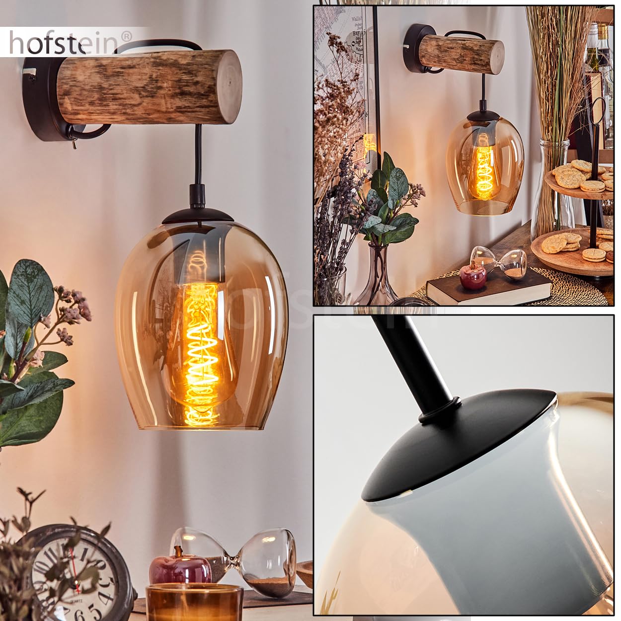 Wandleuchte Vevino, Wandlampe aus Metall/Holz/Glas in Schwarz/Natur/Bernstein, Leuchte im Retro/Vintage-Design mit Schirm aus Glas (Ø 15 cm) u. An/-Auschalter am Gehäuse, 1 x E27, ohne Leuchtmittel