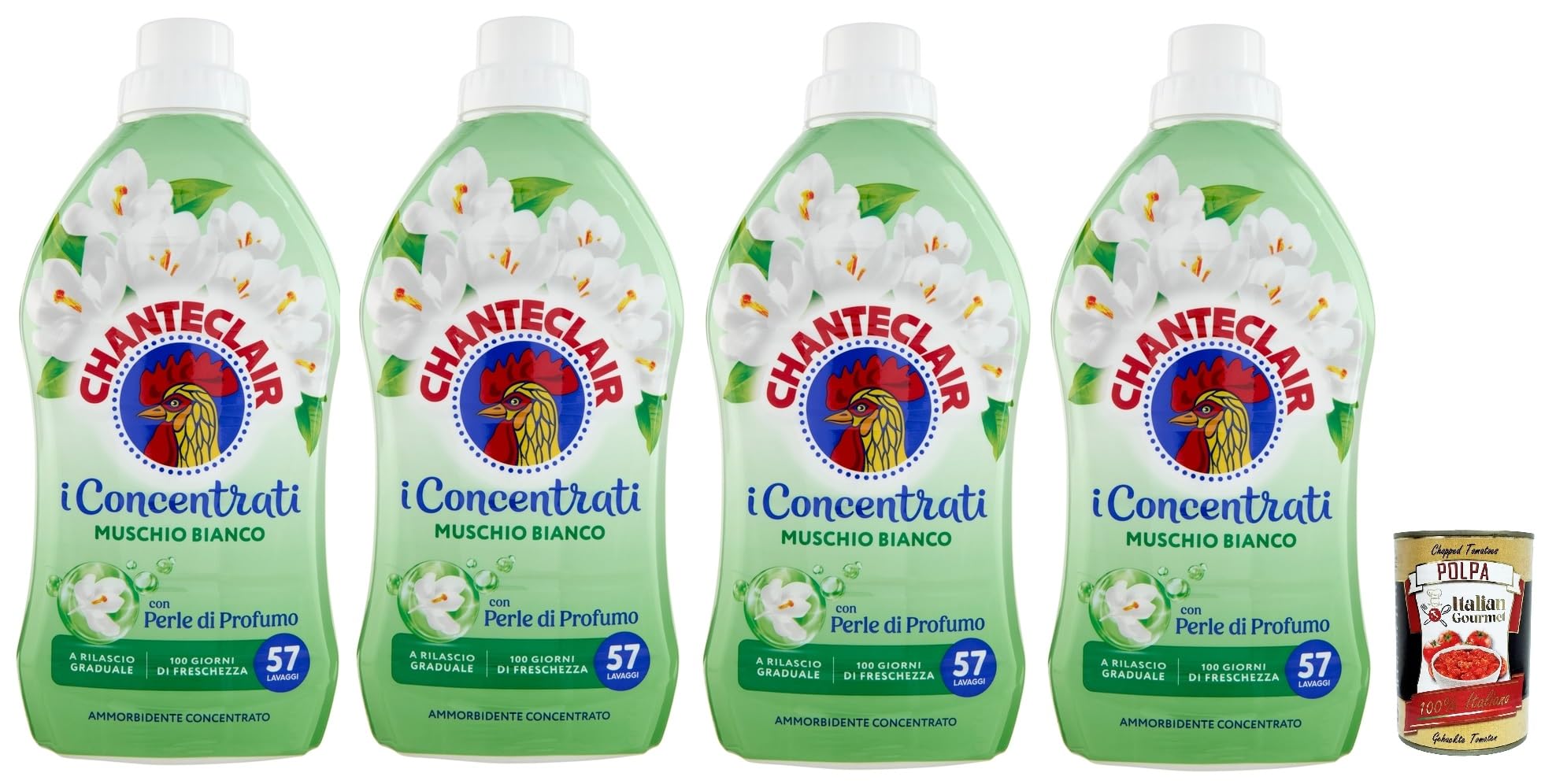 Chante Clair, I Concentrati Ammorbidente Sublime Muschio Bianco weiße Moschus Weichspüler 4x 1140ml lang anhaltender Duft 57 Wäschen Waschmittel & Italian Gourmet polpa 400g