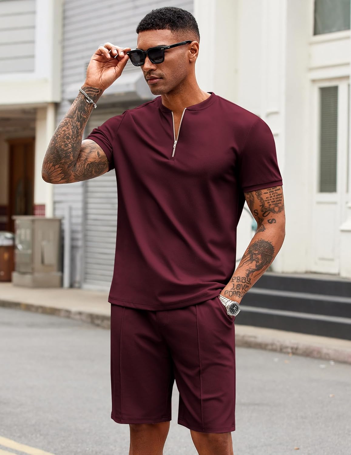 COOFANDY Men's 2 Pieces Outfits Casual Quarter Zip Polo T Shirt and Shorts Set Athletic Jogging Summer Tracksuit - Image 2