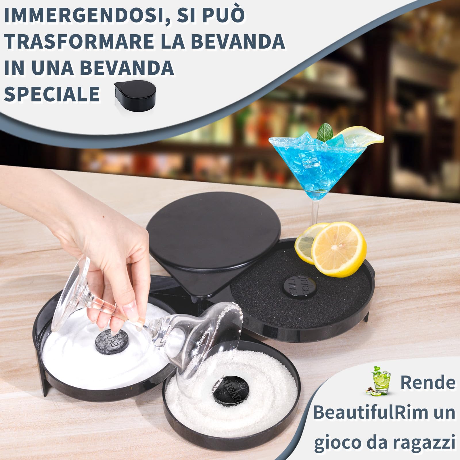 TonJin 1 Confezione da 3 Livelli Bar Rimmer in Vetro Scatola di Plastica Nera Rimmer per Zucchero e Sale con Spugna per Strumento da Barista da Cocktail,Bar Glass Rimmer for Margarita