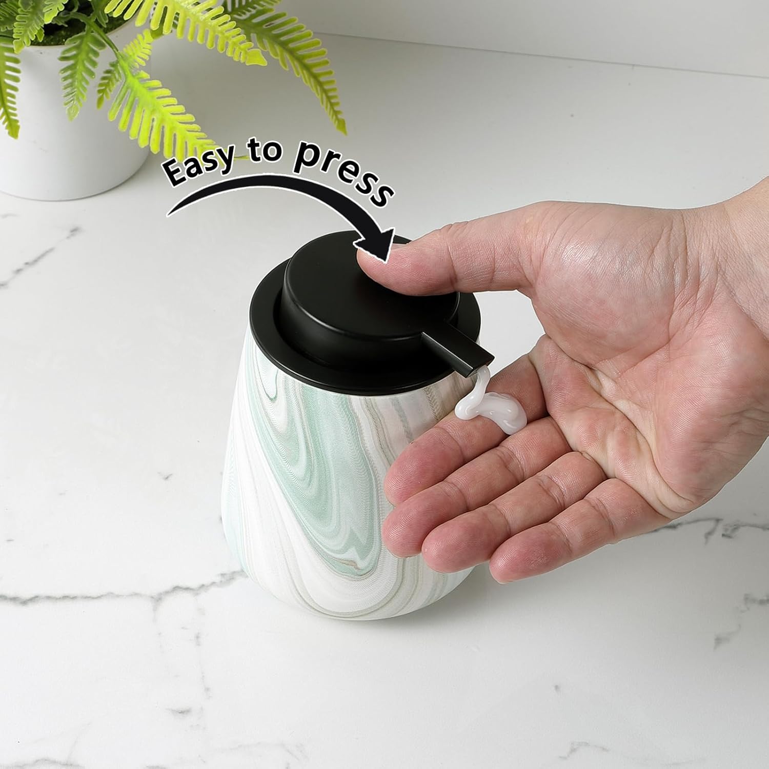 12Oz Ceramic Liquid Soap Dispenser - Modern Lotion Hand Soap Dispenser with Easy-to-Press Black Pump, Reusable and Refillable Dish Soap Dispensers for Bathroom & Kitchen, Marble Green - Image 5