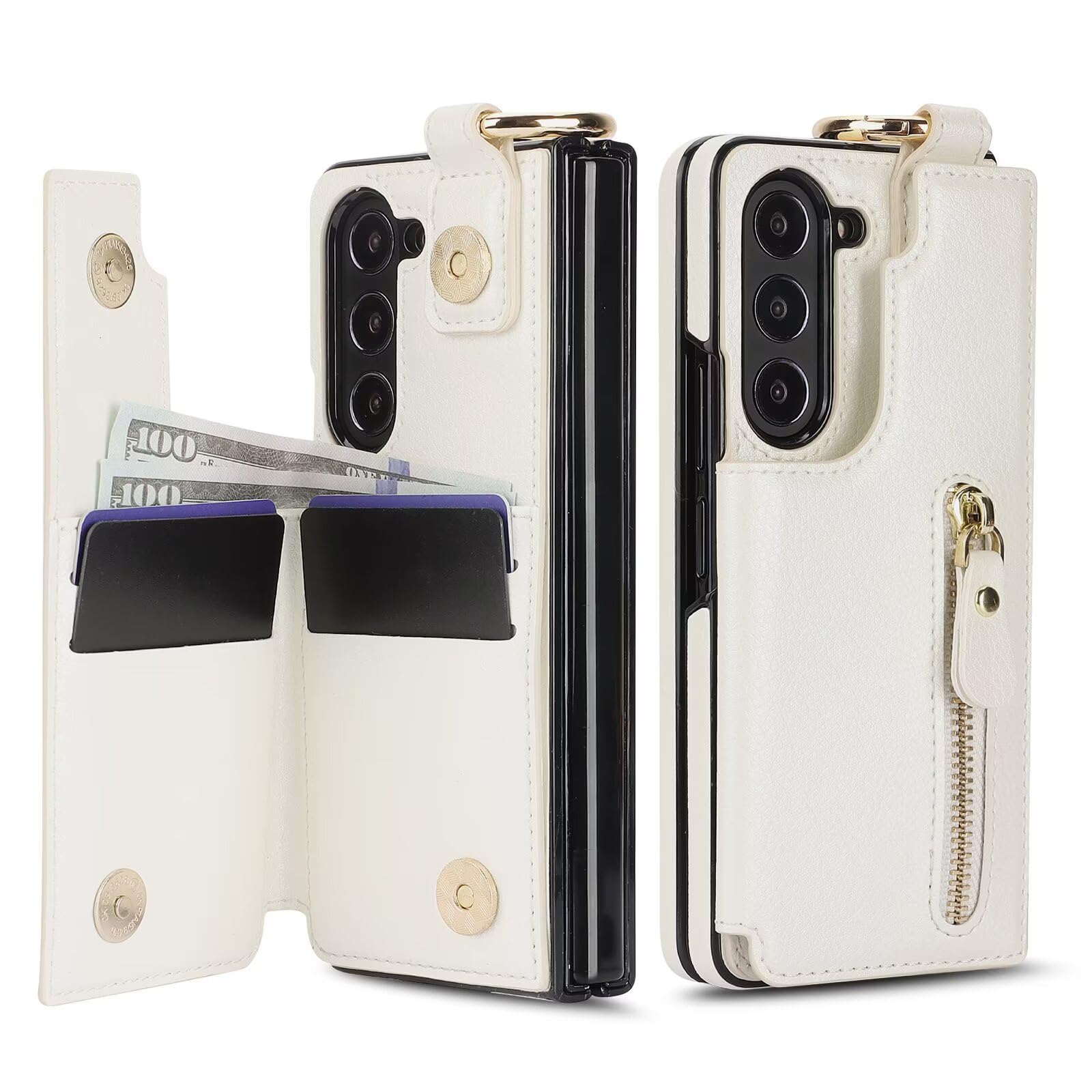 Étui Galaxy Z Fold 5 blanc chic pour simplifier vos sorties avec son portefeuille à zip