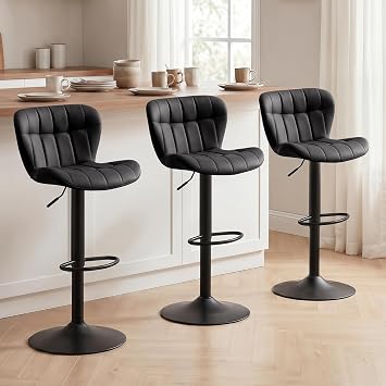 Modern Bar Stools Set of 3, Faux Leather Barstools for Kitchen Island, Upholstered Swivel Bar Height Stools with Back, Black