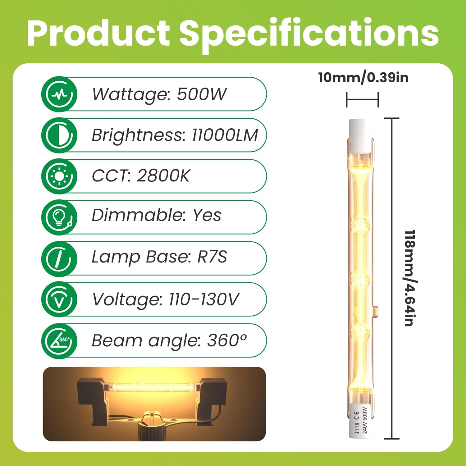 Lustaled 500 Watt Halogen Light Bulbs R7s LED Bulb 118mm 4.7inch T3 Halogen Bulbs 2800K Warm White J Type Double Ended 120V Dimmable Quartz Tube Lamps for Work,Security,Shop, Landscape Light -5Pack
