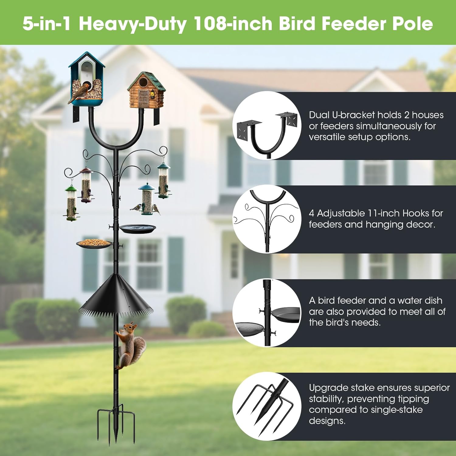 108 Inch Bird Feeder Pole with Squirrel Baffle,Bird House Pole for Outdoors Heavy Duty,Adjustable Birds Feeder Stand Post Station with 4 Platform,4 Shepherd Hooks, Birdbath, Tray