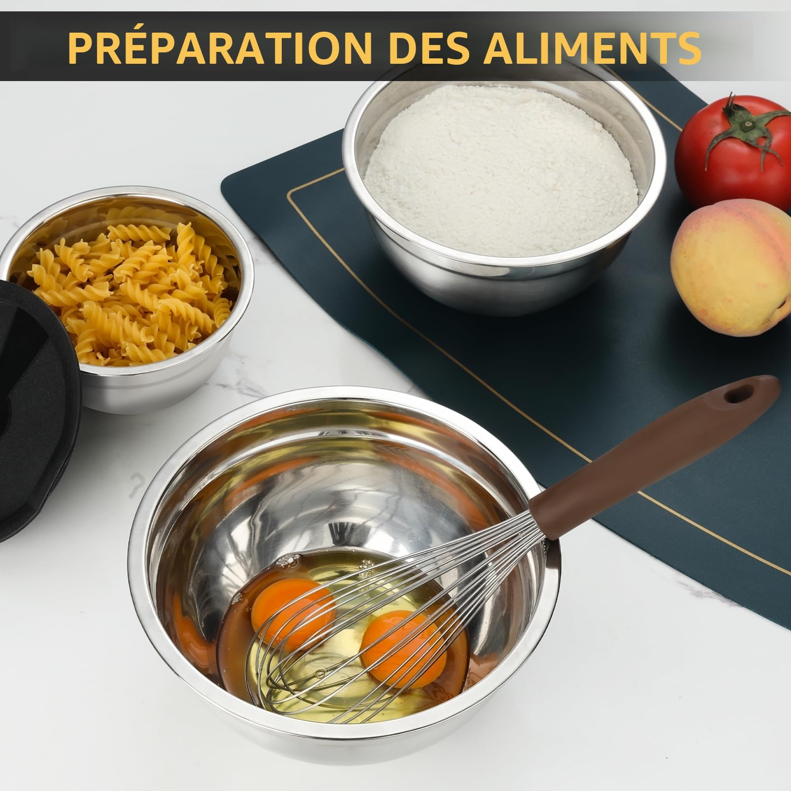 hunnycook Set de 7 saladier avec couvercle,Saladier en acier inoxydable avec couvercle 5L,4.5L,4L,2.4L,1.7L,1.25L,0.8L,Ensemble de saladier empilables,Lavable au lave-vaisselle
