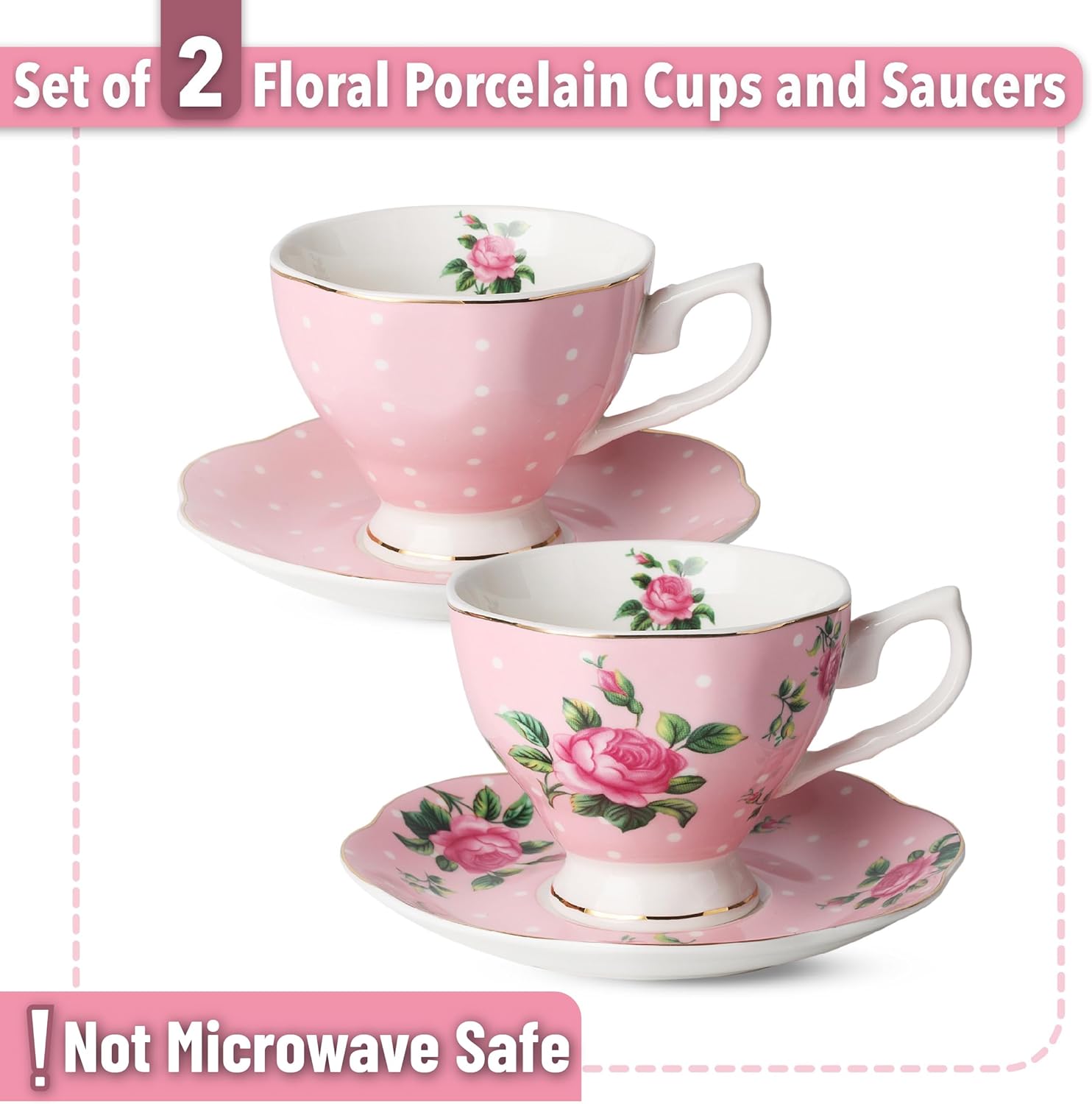 BTaT- Floral Tea Cups and Saucers Set of 2 (8 oz), Porcelain Tea Cup Sets, Pastel Pink Color with Gold Trim, Dishwasher Safe - Image 2