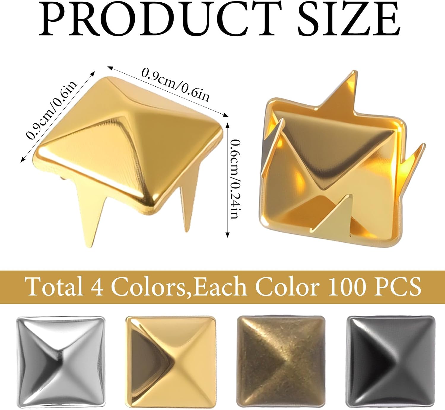 Mabor 400PCS Pyramid Studs, 9mm 4 Colors Flat Back Spikes