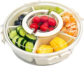 Rotating Divided Serving Tray with Lid and Handle, Portable Snackle Box Container for Fruits Candy Organizer, Snack Spinner Rounded Veggie Charcuterie Tray for Kitchen Party Picnic Essentials