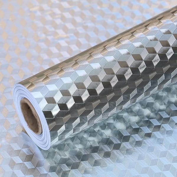 TEHAUX Autocollant Cuisine Imperméable 40 Cm X 5 M en Aluminium Argenté à Carreaux, Résistant la Chaleur L’huile, Film Autocollant Décoratif Mural, Facile à Nettoyer, pour Crédence - 4