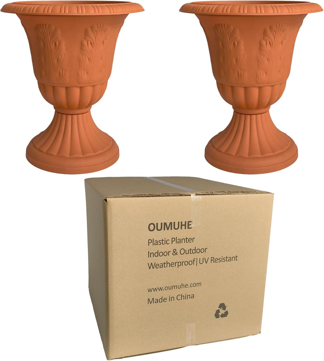 Set of 2 Goblet-Shaped Plastic Planter Urns, 16" H × 14.5" D Large Lightweight Durable Flower Pots, Decorative Indoor Outdoor Garden Patio Plant Containers (Terracotta)