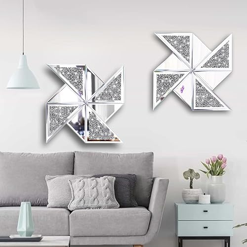 Miniatura 4 de XIHACTY Juego de 2 espejos decorativos de diamante, bonito espejo de pared con forma de molinete, espejo de cristal de diamante triturado para