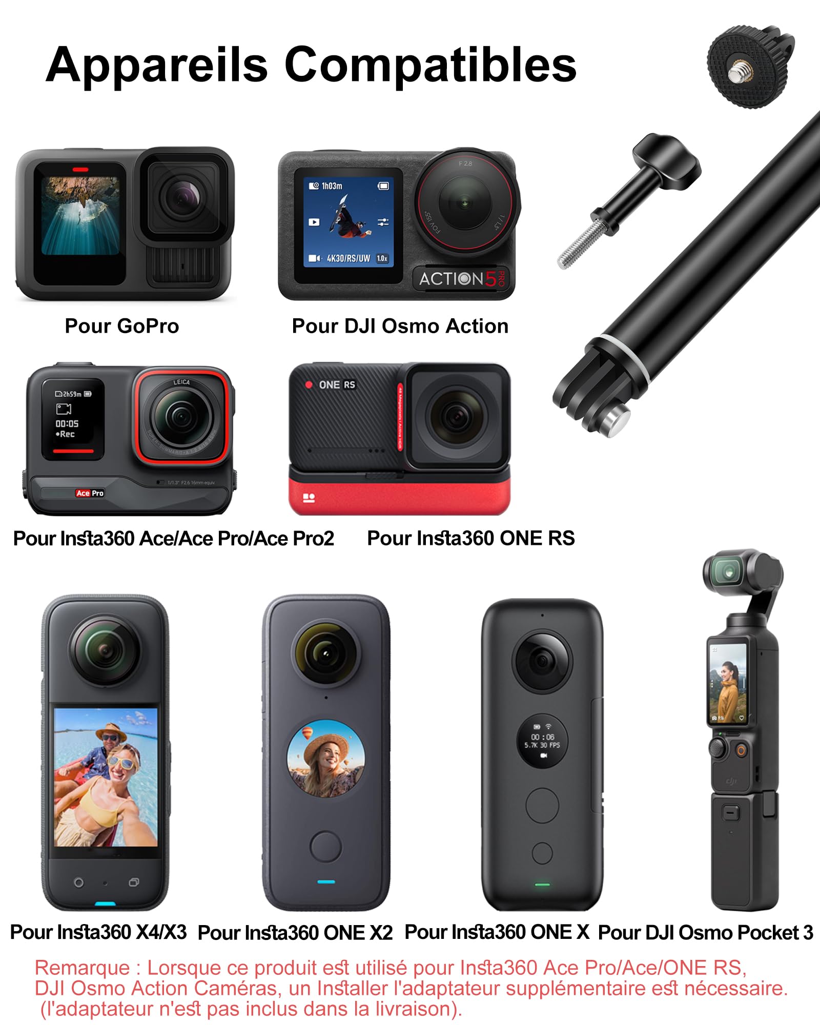 92cm Perche à Selfie Télescopique Etanche pour GoPro Hero 13/12/11/10/9/8/Max, DJI Osmo Pocket 4/3, DJI Osmo Action 5 Pro/4, AKASO EK7000/V50X et Autres caméras d'action
