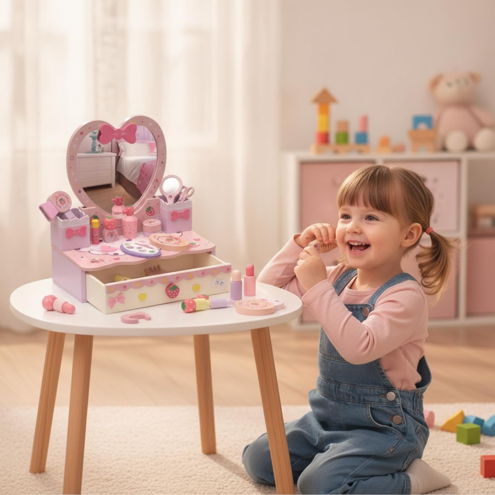 Baoblaze Toeletta Giocattolo Bambina Toelettatura Trucco Specchiera Finta Legno con Specchio a Cuore Cassetto E Accessori di Bellezza Completa di Pettine Forbici Rossetto Adatta per Cameretta