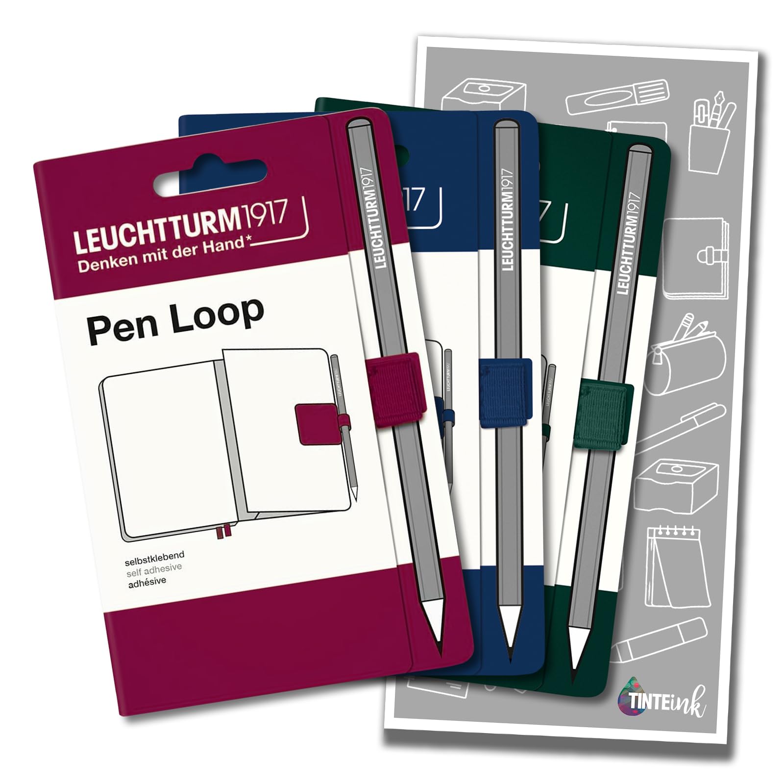 Leuchtturm1917 Pen Loop - Choose Colour & Tinte Ink Refill Envelope (Port Red, Forest & Navy Blue, 3)