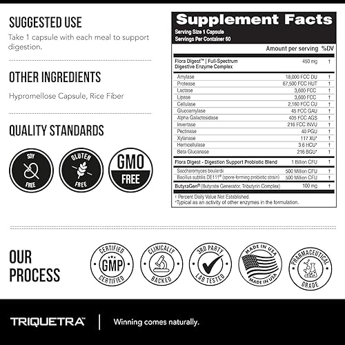 Miniatura 5 de Flora Digest - Enzimas digestivas de máxima fuerza 3 en 1 + probióticos supervivientes intestinales y postbiótico ButyraGen para una digestión