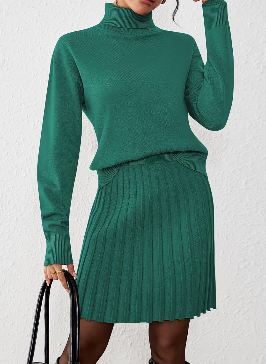 Pink Queen 2026 Women's 2 Piece Sweater Outfits Set Long Sleeve High Neck Top Pleated Mini Skirt Ribbed Knit - Image 2