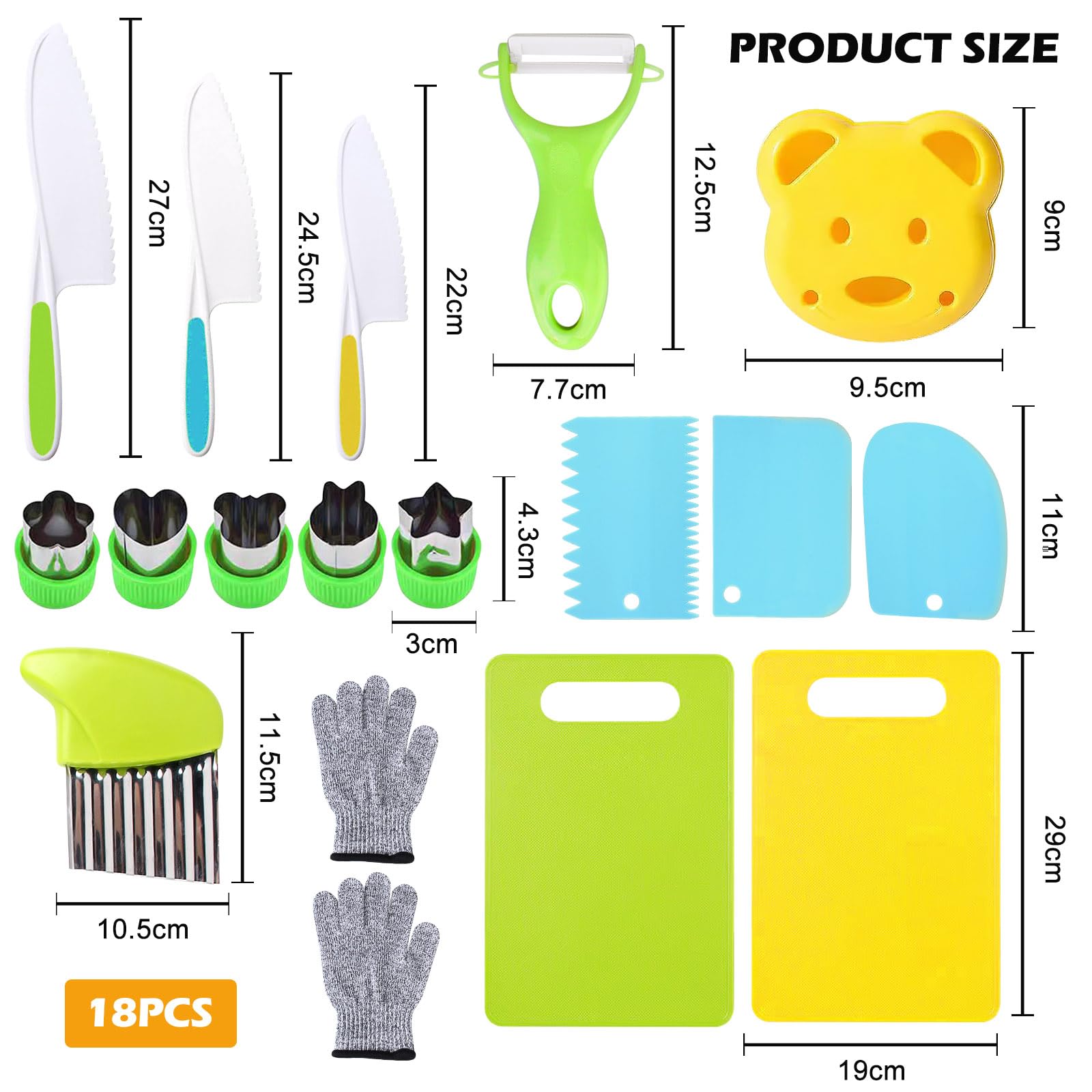 Kindermesser 18-Teiliges Kinder-Küchenmesser-Set, Sicherheit Kndermesser, Sicherheit Küchenmesser zum Schneiden Obst Oder Gemüse, Inklusive Gemüse Ausstechformen Holzmesser Schneidebrett Handschuhe
