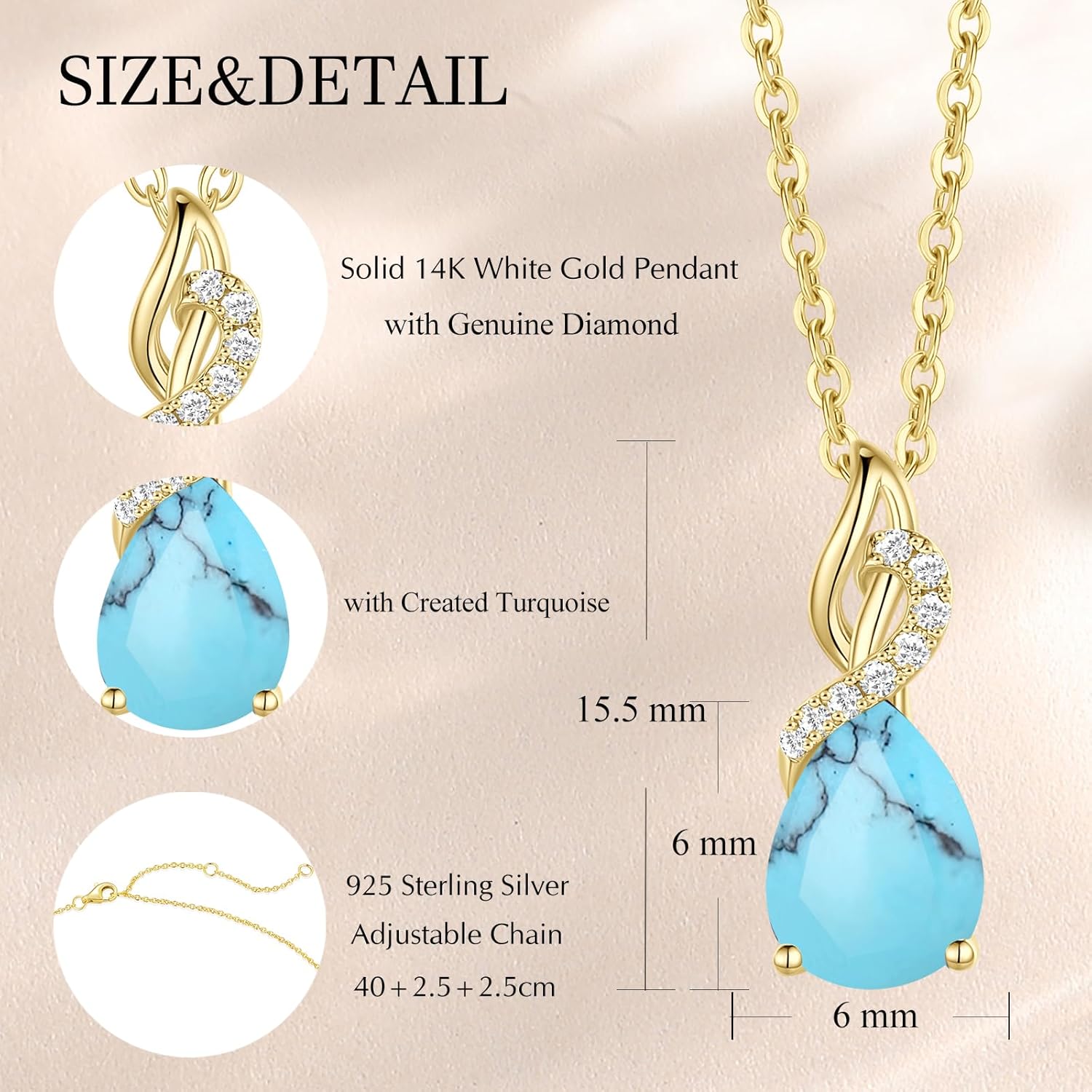 FANCIME 14K Solid Yellow Gold Teardrop Pendant with Diamond Birthstone Necklace Birthday Gifts for Mom Women, Sterling Silver Chain 16" + 2" Extender - Image 2
