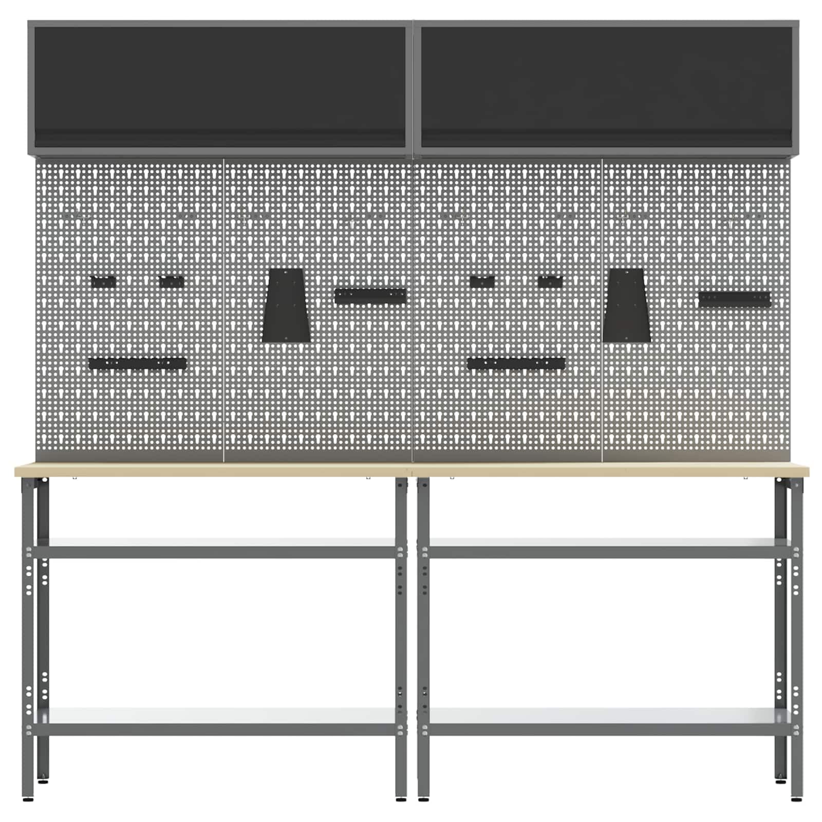 Juego de banco de trabajo de 8 piezas de acero con recubrimiento en polvo negro y gris con estantes metálicos y cerradura, 200 x 55 x 200 cm, ideal para taller, garaje y sala de ocio con mucho