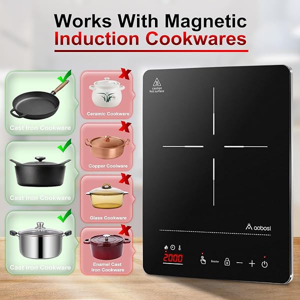Aobosi Plaque de cuisson à induction,plaque à induction portable, 20 niveaux de puissance et 20 niveaux de température,Taille compacte,2000W,Affichage LED,Minuterie 10H,Fonction Booster - 4