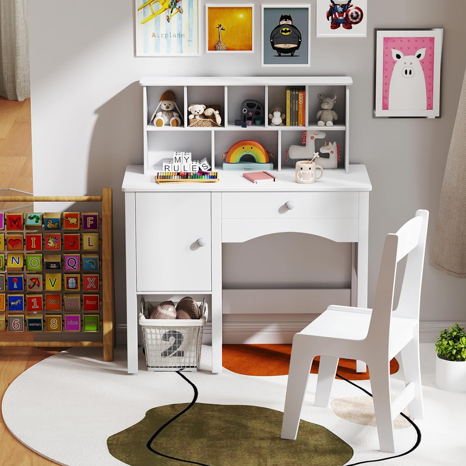 HONEY JOY Kids Desk and Chair Set, Wooden Children School Study Table and Chair w/Drawer, Hutch, Storage Shelves, Student Writing Desk Computer Workstation for Bedroom, 3+ Years Old (White)