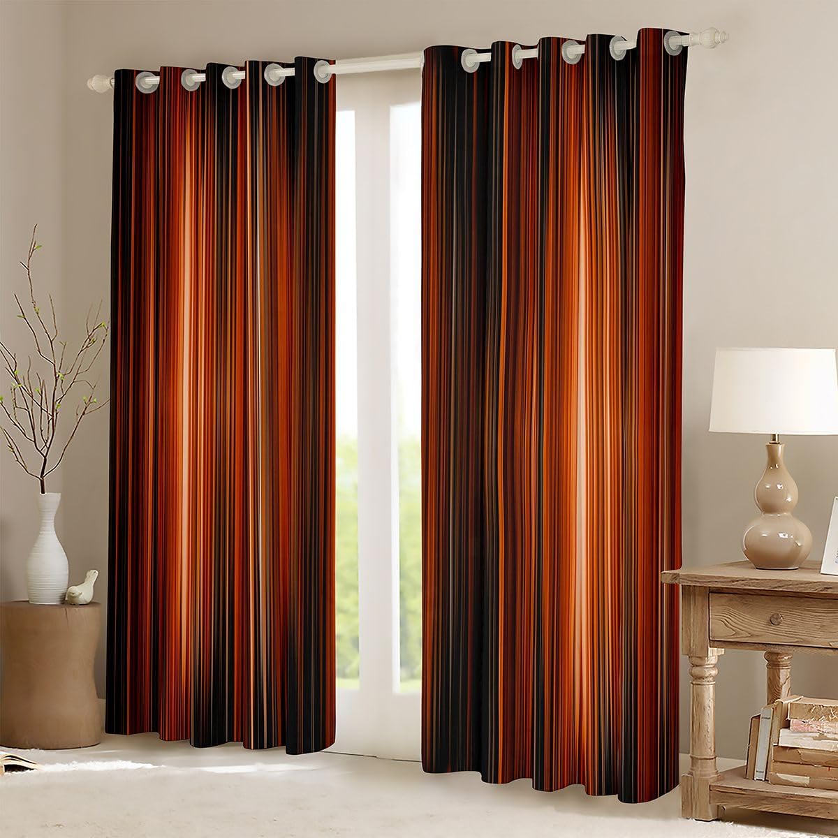 Orange Black Gradient Window Curtains 2 Panel Sets 38" Wx45" L Modern Simple Window Treatments Drapes Ombre Stripe Abstract Blackout Curtains For Adult Women Teens Bedroom Gradient Boho Simples Decor