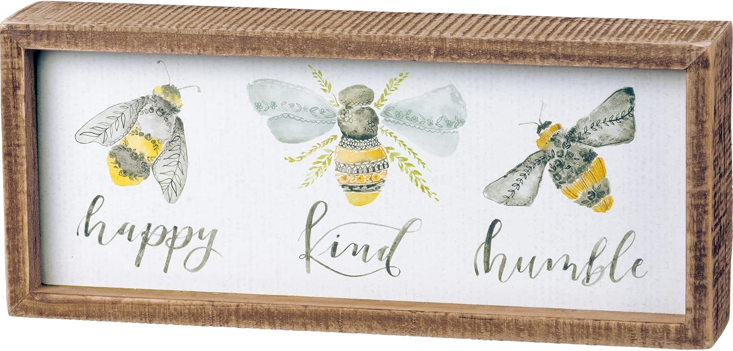 Primitives by Kathy 101758 Inset Box Sign, 10" Length x 4.25" Height x 1.75" Width, Bees - Happy, Kind, Humble