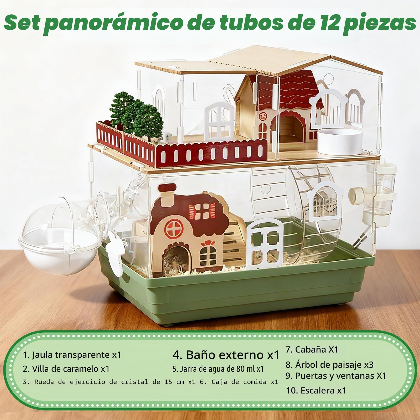 Jaula acrílica para hámster 12 en 1, diseño de jardín, 35 × 26 × 37 cm, transparente, varios pisos, incluye villa de madera, rueda, túnel, botella de agua, casa de baño y accesorios de juego (2
