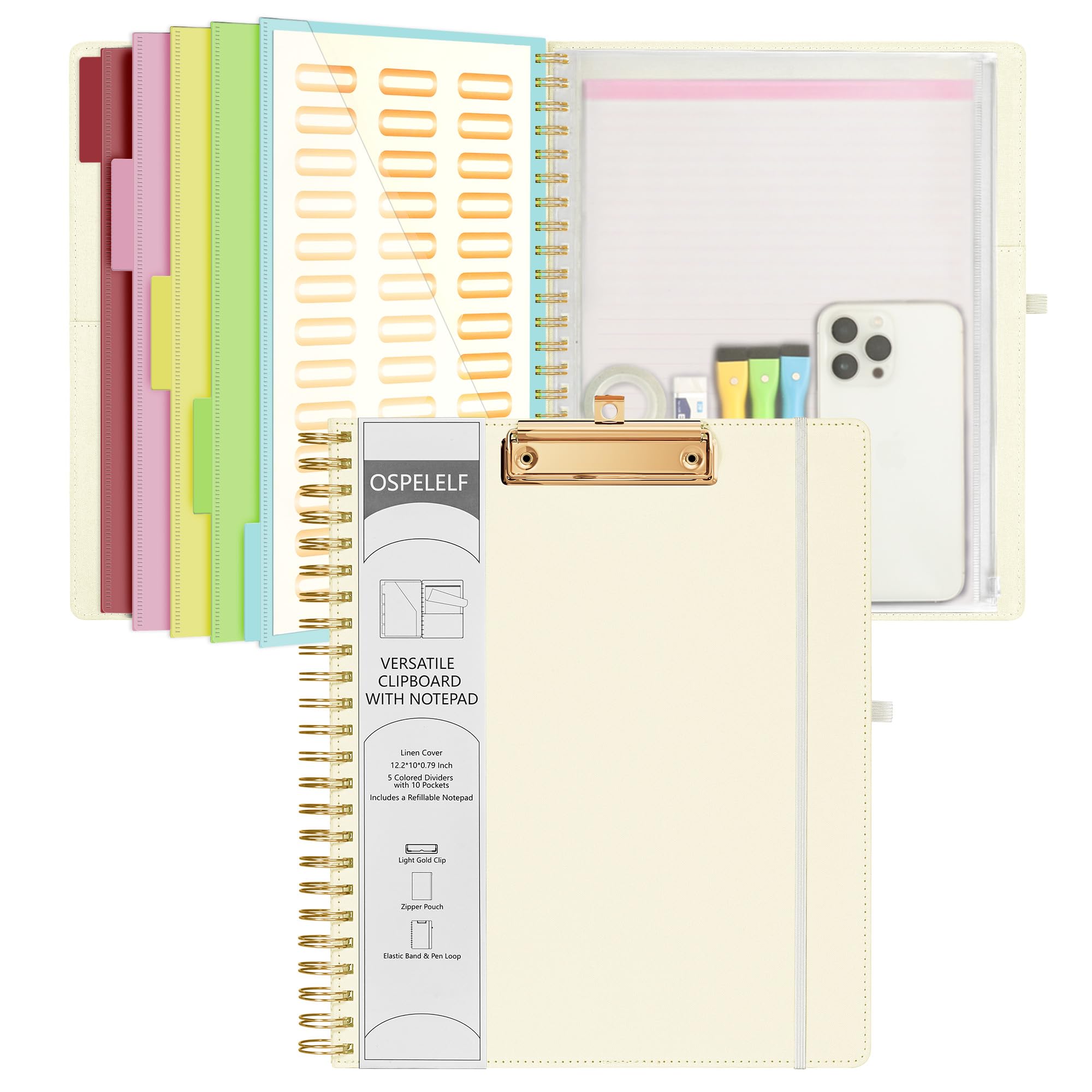 Spiral Clipboard Folio With Zipper Pouch & Folders - Portable Organizer
