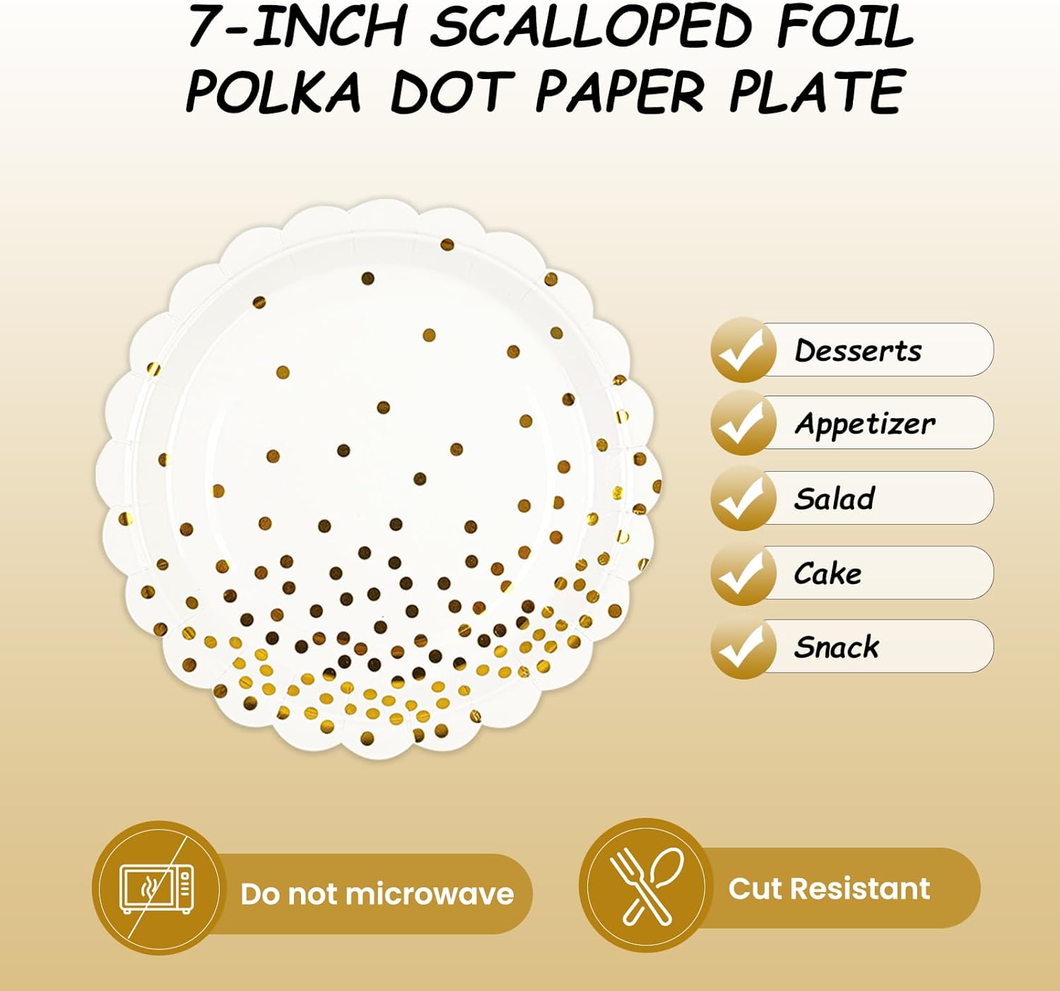 50PCS White and Gold Paper Plates, 7 Inch White Scalloped Party Plates Disposable Dessert Plate Cake Plate for Wedding Engagement Baby Shower Birthday Dinner - Image 4