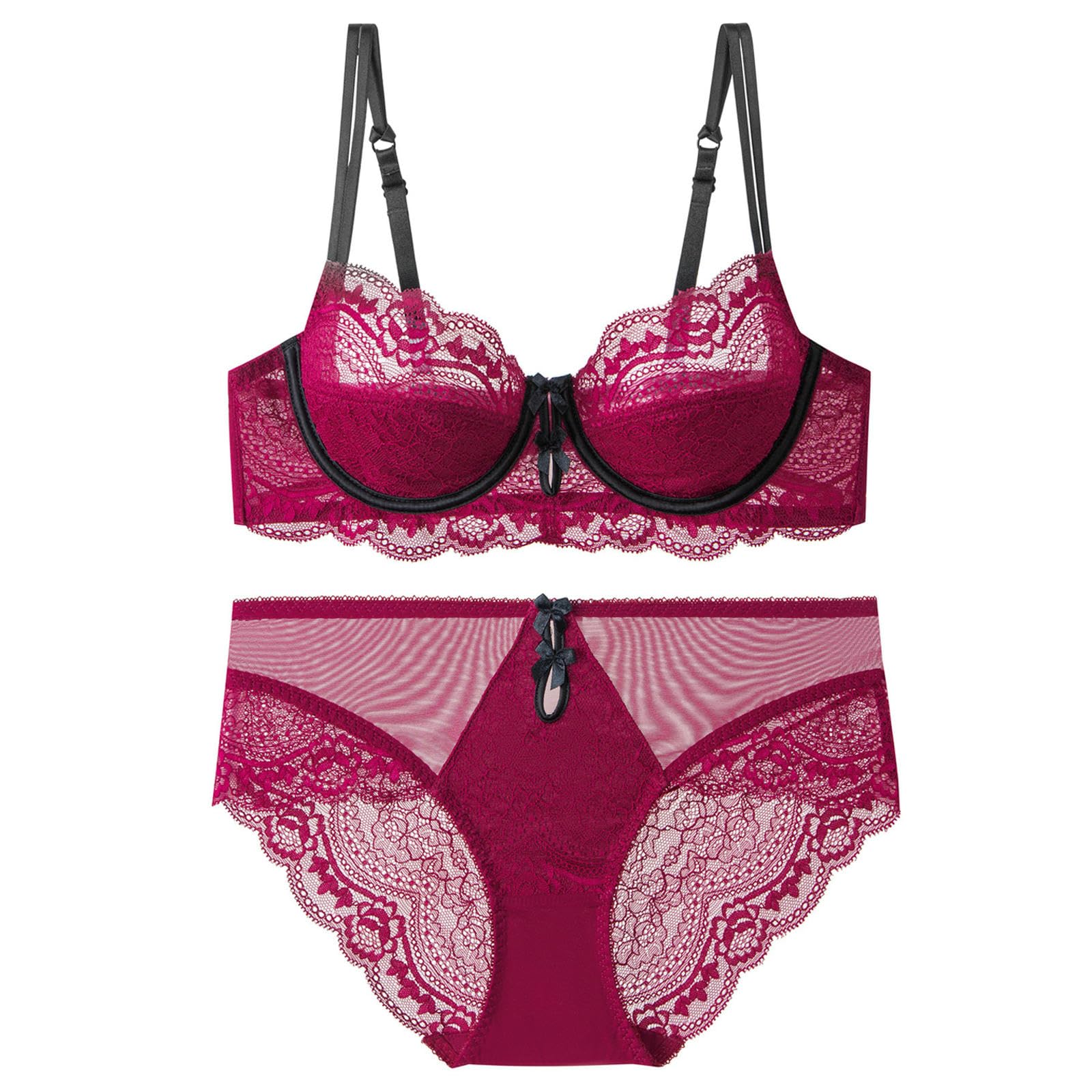 Sujetadores Bragas De Lencería Sexy Encaje Rojo para Mujer, Conjunto Sujetador Push-up Ultrafino Y Atractivo Pechos Grandes-Negro Atractivo-70b
